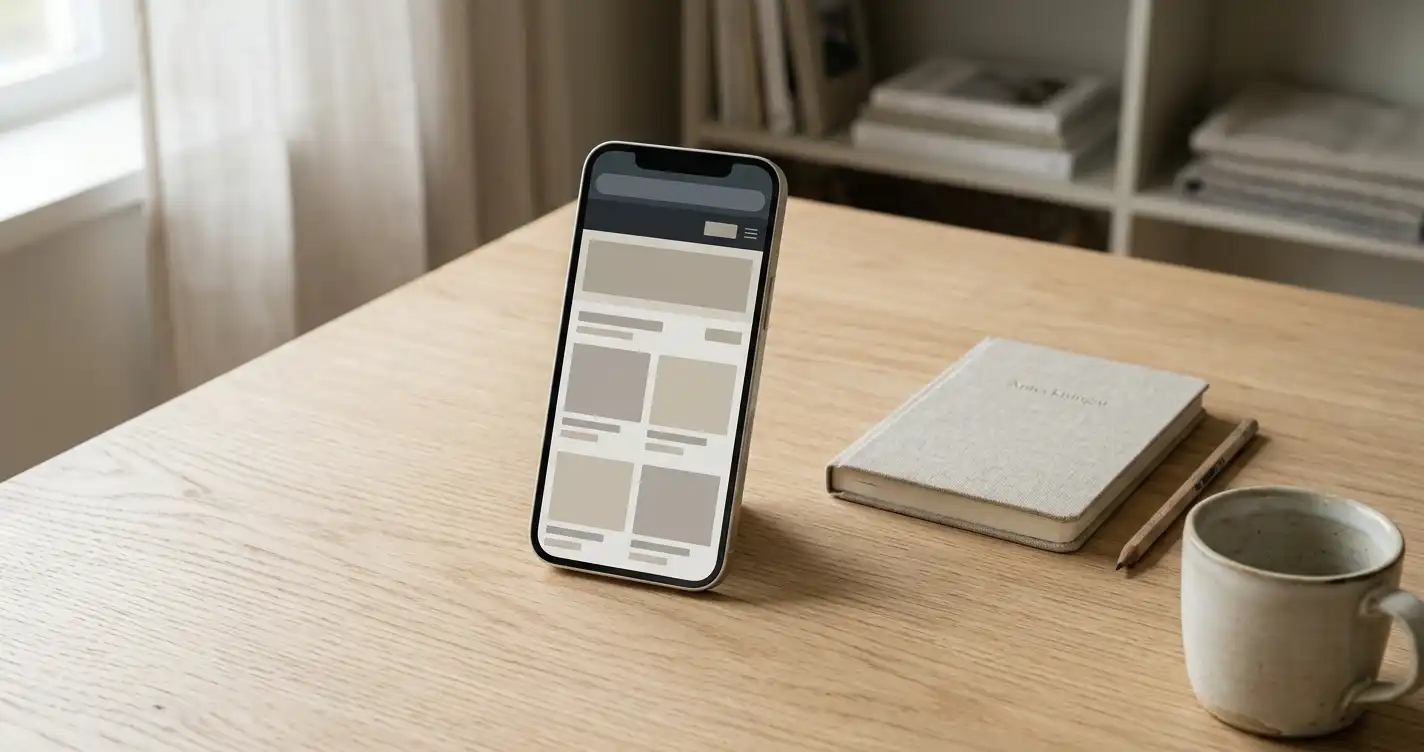 Smartphone med ett neutralt webbläsarfönster på ett ljust bord intill en anteckningsbok.