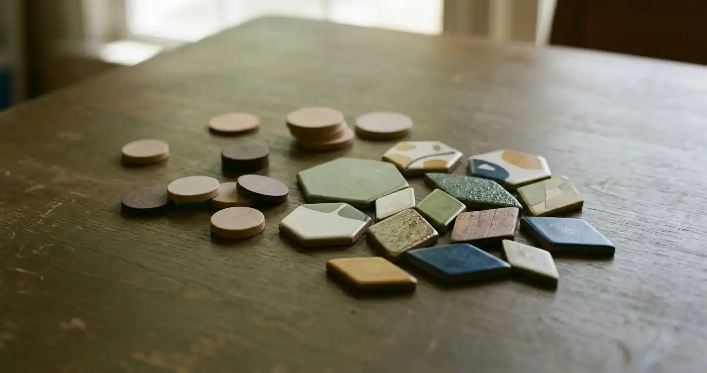 Ordentligt uppställda spelmarker och diskreta ljuspunkter vid ett tomt bord