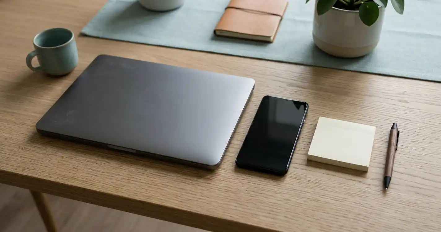 Mobiltelefon intill en neutral bärbar dator och ett anteckningsblock på ett träbord.